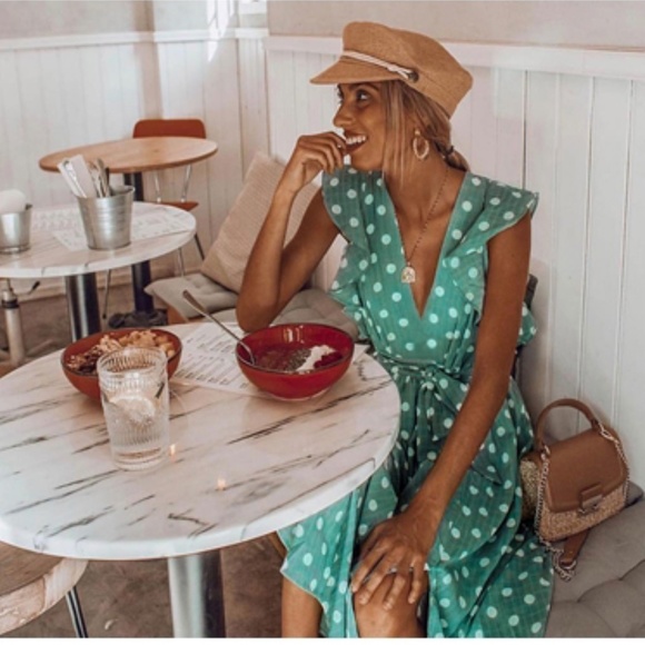 Rouge! Dresses & Skirts - V-Neck Polka Dot Green Midi Belted Dress